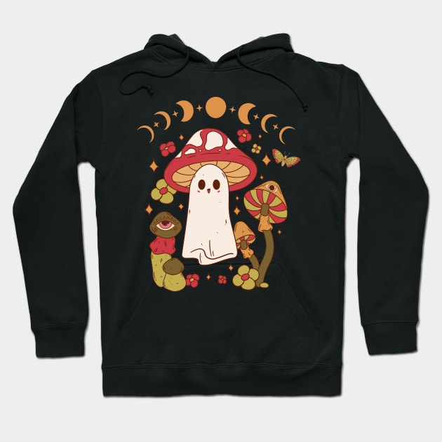 Cute Cottagecore Mushroom Ghost Moon Phases Hoodie by Hypnotic Highs